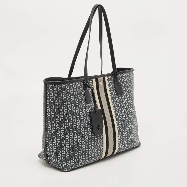 Pre Owned Tory Burch Black/White Gemini Link Coated Canvas and Leather Tote