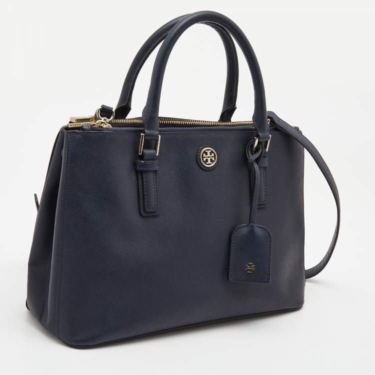 Pre Owned  Tory Burch Navy Blue Saffiano Leather Robinson Double Zip Tote