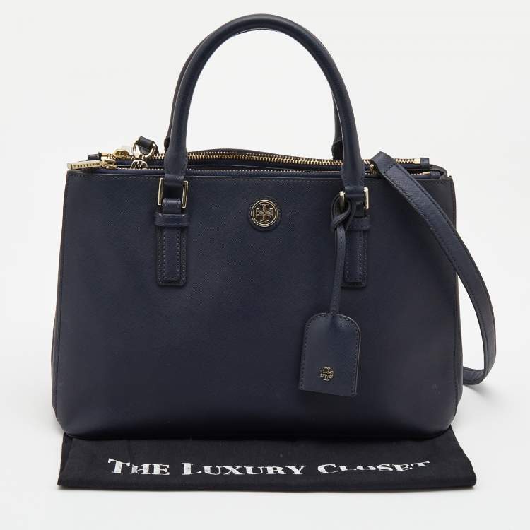 Pre Owned  Tory Burch Navy Blue Saffiano Leather Robinson Double Zip Tote