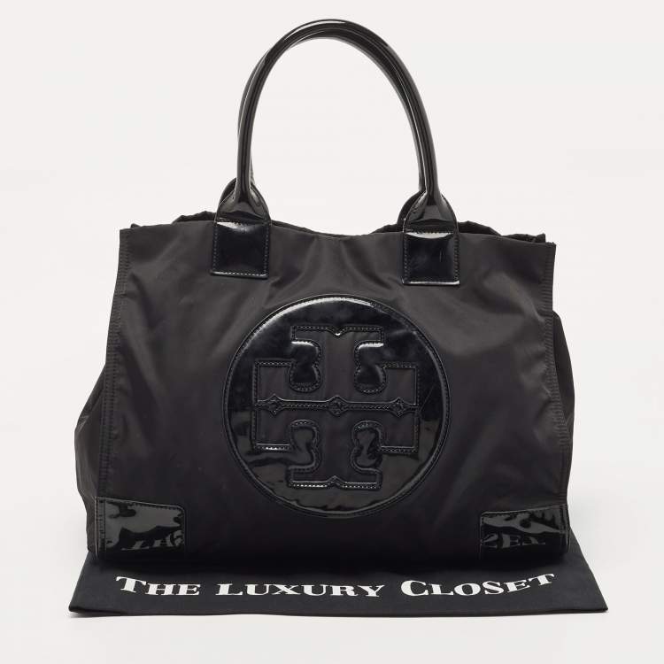 Pre Owned Tory Burch Black Patent Leather and Nylon Large Ella Tote