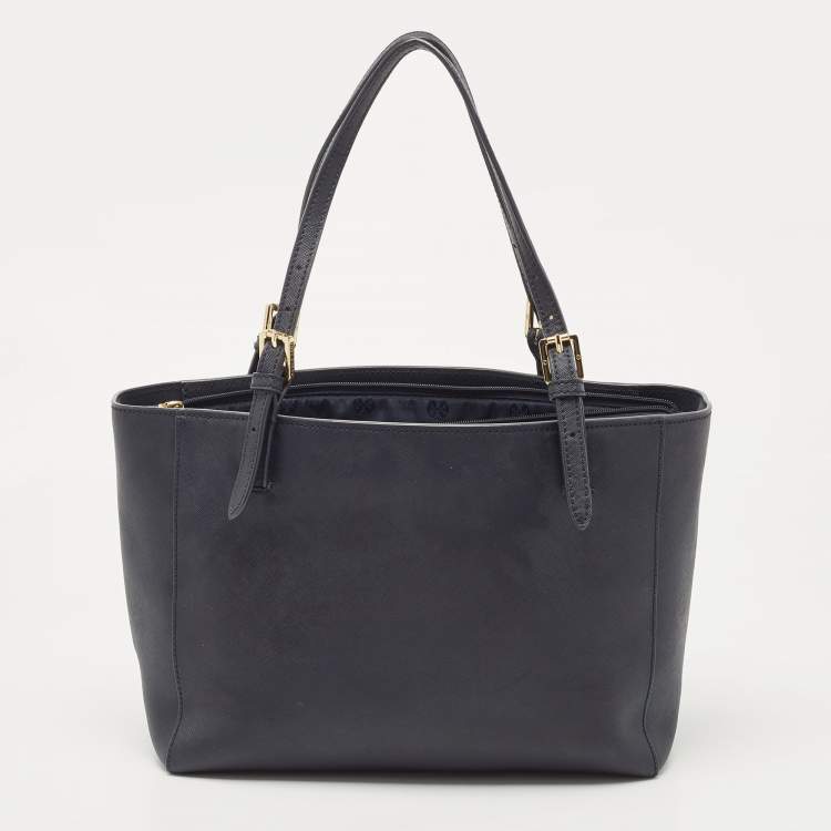 Pre Owned Tory Burch Navy Blue Saffiano Leather York Buckle Tote