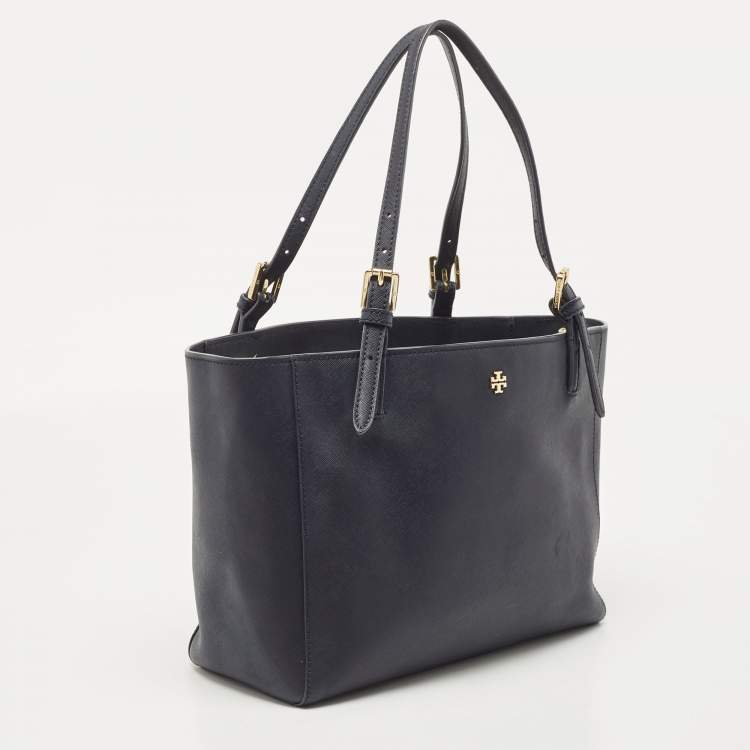 Pre Owned Tory Burch Navy Blue Saffiano Leather York Buckle Tote