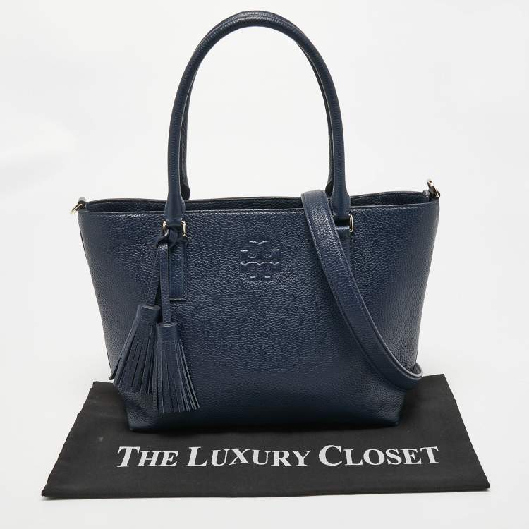 Pre Owned Tory Burch Navy Blue Leather Thea Convertible Tote