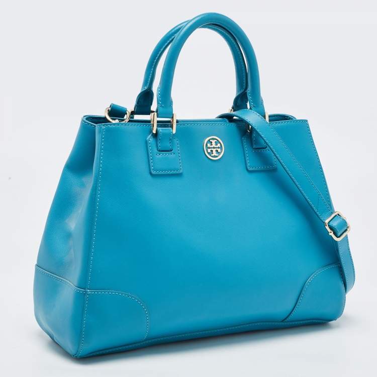 Pre Owned Tory Burch Teal Blue Saffiano Leather Robinson Tote