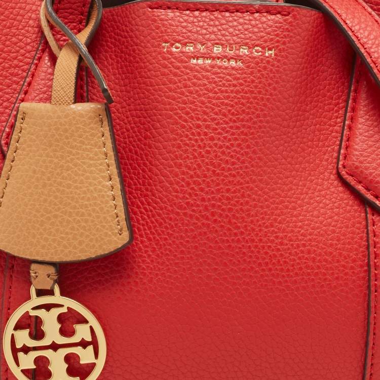Pre Owned Tory Burch Red Leather Small Perry Triple-Compartment Tote