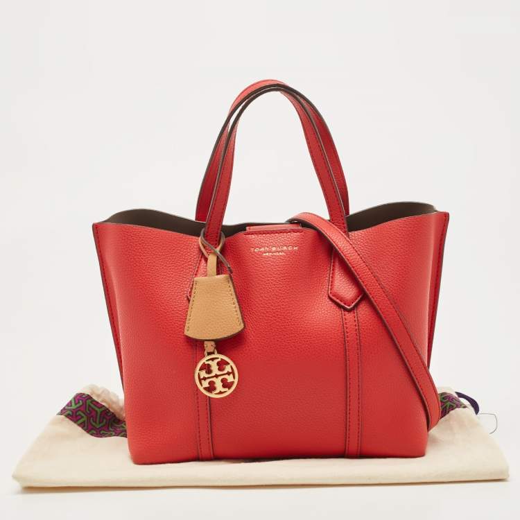 Pre Owned Tory Burch Red Leather Small Perry Triple-Compartment Tote