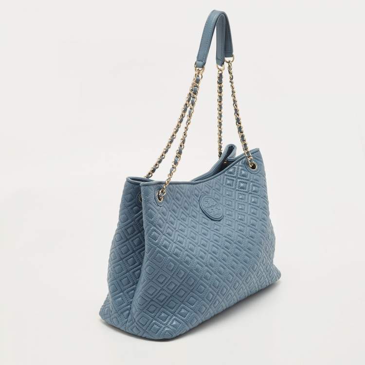 Pre Owned Tory Burch Blue Quilted Leather Marion Tote