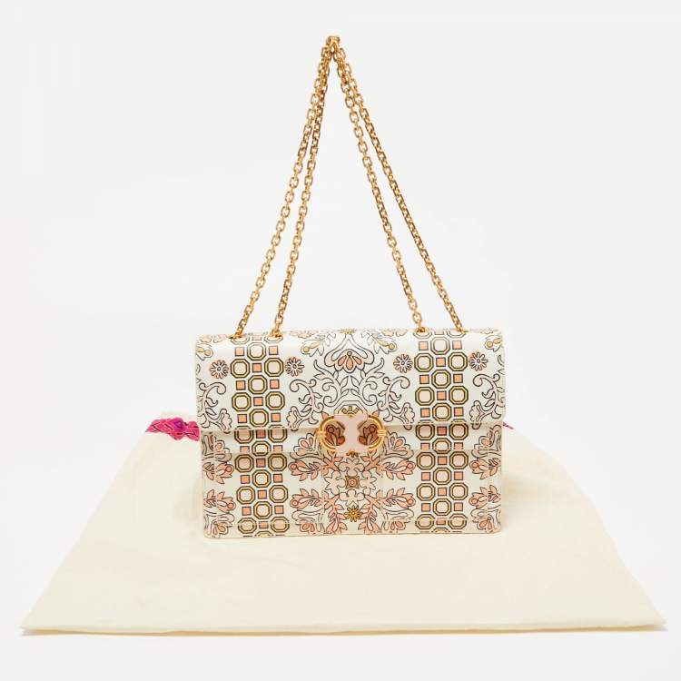 Pre Owned Tory Burch White Garden Party Leather Gemini Link Shoulder Bag