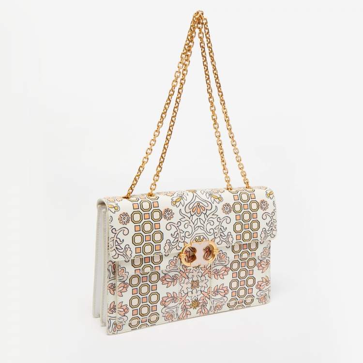 Pre Owned Tory Burch White Garden Party Leather Gemini Link Shoulder Bag
