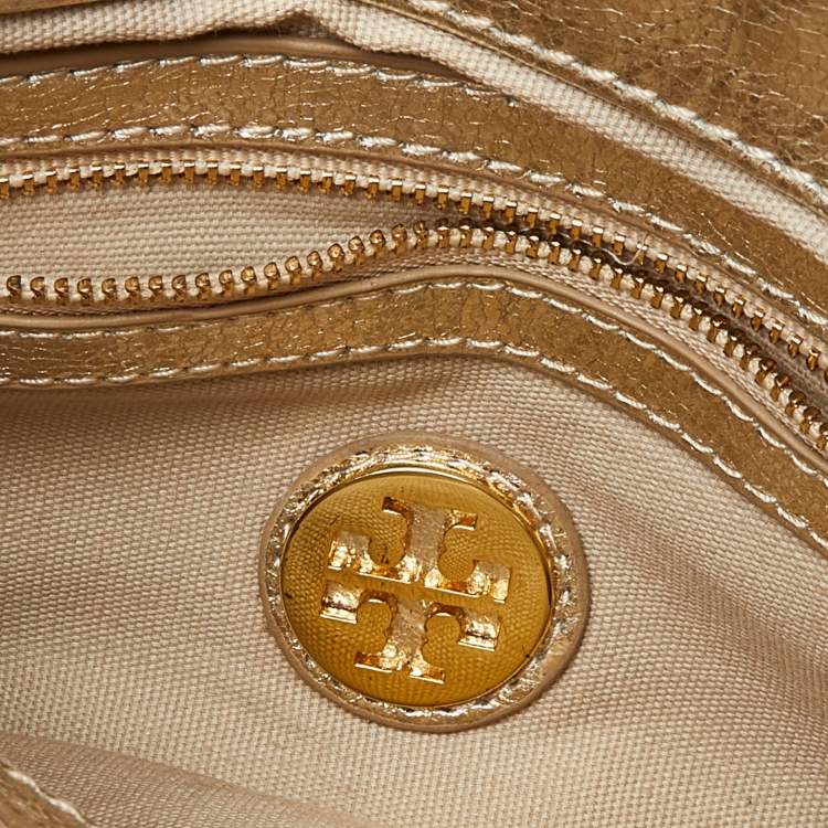 Pre Owned Tory Burch Gold Laminated Leather Reva Logo Crossbody Bag