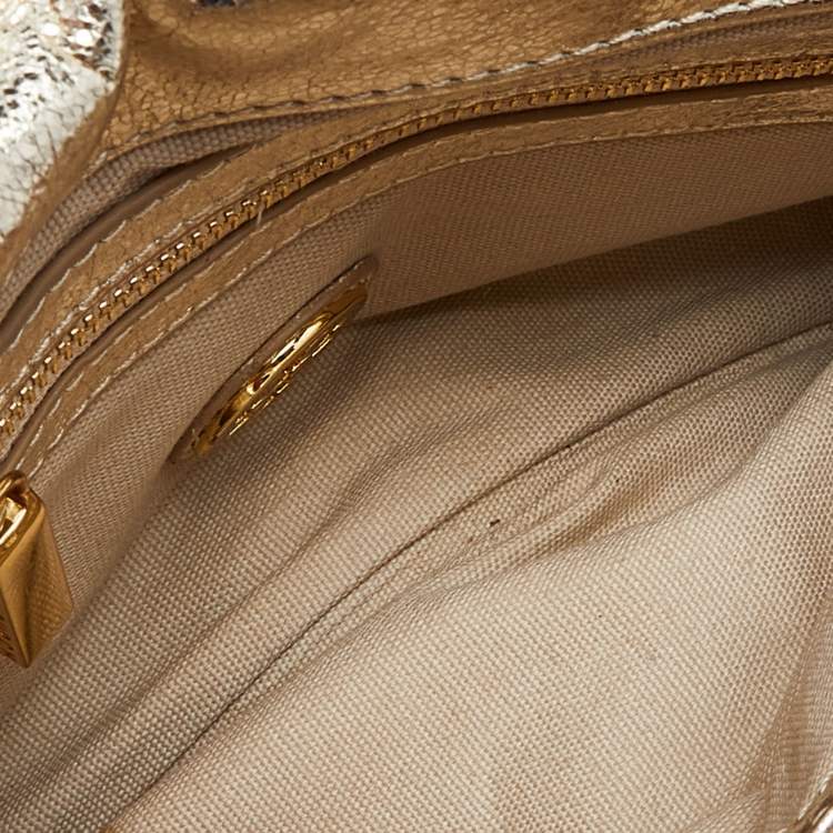 Pre Owned Tory Burch Gold Laminated Leather Reva Logo Crossbody Bag