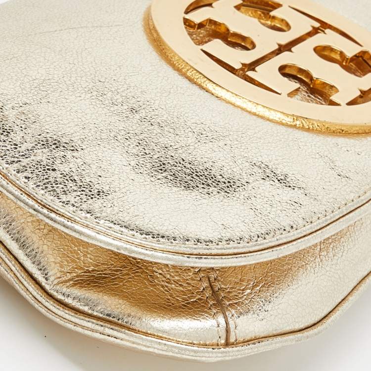 Pre Owned Tory Burch Gold Laminated Leather Reva Logo Crossbody Bag