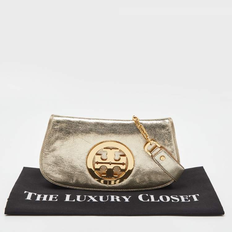 Pre Owned Tory Burch Gold Laminated Leather Reva Logo Crossbody Bag