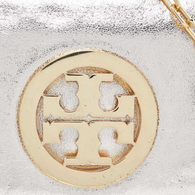 Pre Owned Tory Burch Gold Laminated Leather Reva Logo Crossbody Bag