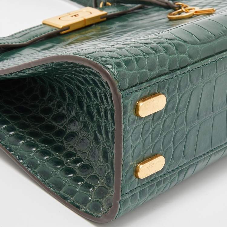 Pre Owned Tory Burch Green Croc Embossed Leather Lee Radziwill Top Handle Bag