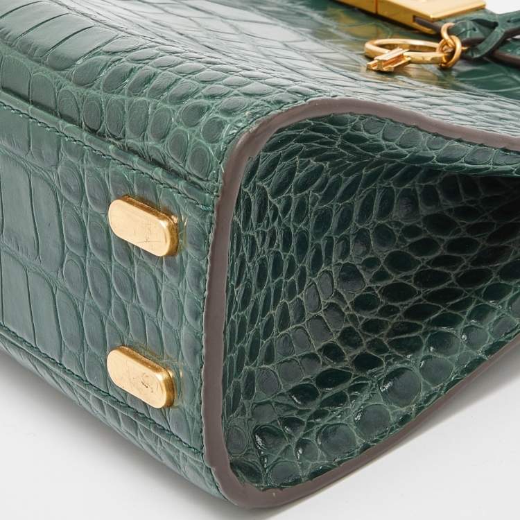 Pre Owned Tory Burch Green Croc Embossed Leather Lee Radziwill Top Handle Bag