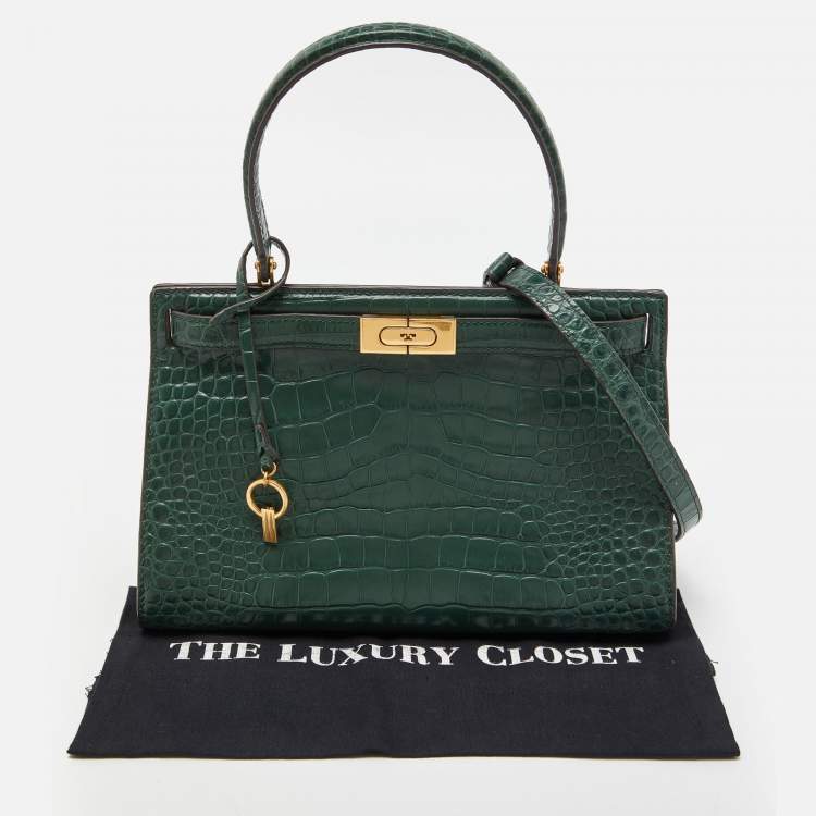 Pre Owned Tory Burch Green Croc Embossed Leather Lee Radziwill Top Handle Bag