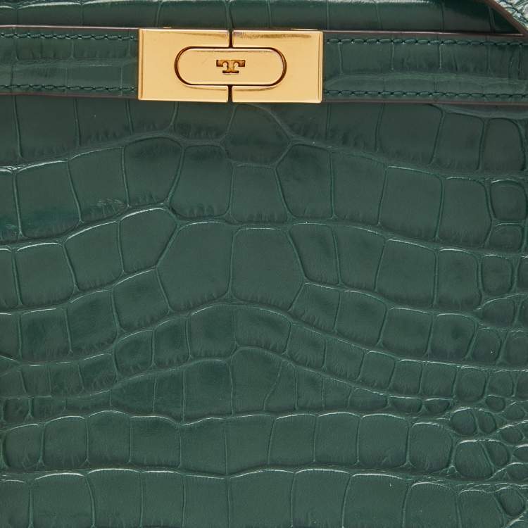 Pre Owned Tory Burch Green Croc Embossed Leather Lee Radziwill Top Handle Bag