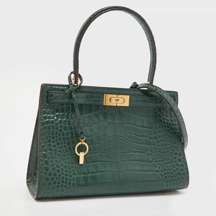 Pre Owned Tory Burch Green Croc Embossed Leather Lee Radziwill Top Handle Bag