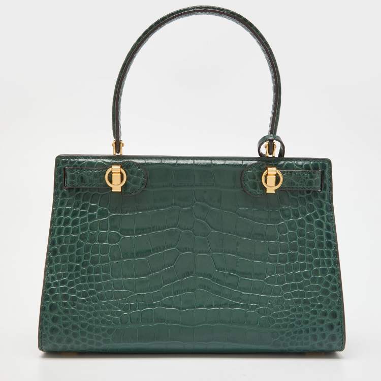 Pre Owned Tory Burch Green Croc Embossed Leather Lee Radziwill Top Handle Bag