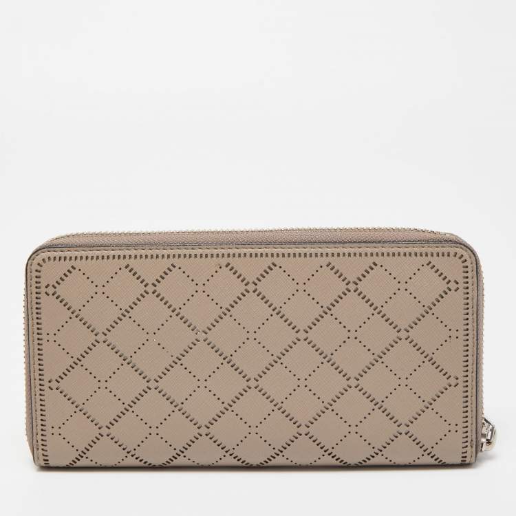 Pre Owned Tory Burch Beige Diamond Laser Cut Leather Zip Around Wallet