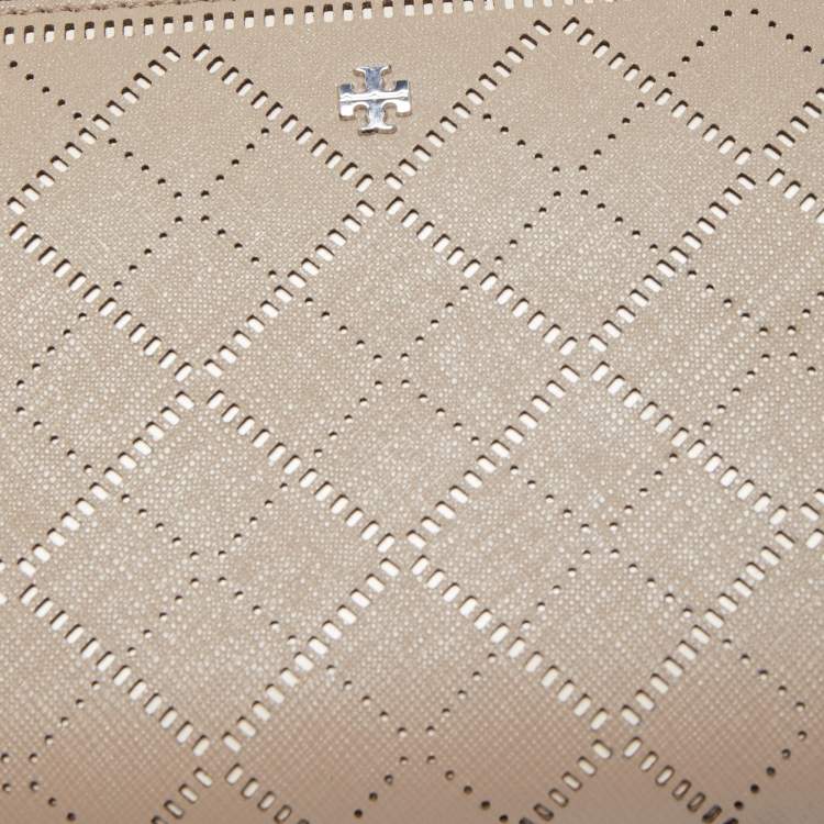 Pre Owned Tory Burch Beige Diamond Laser Cut Leather Zip Around Wallet