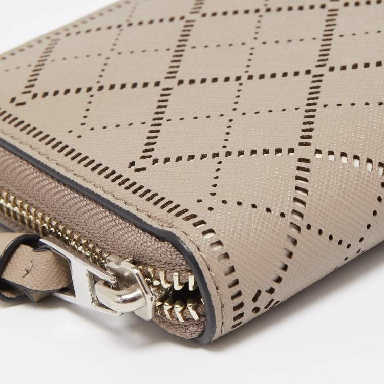 Pre Owned Tory Burch Beige Diamond Laser Cut Leather Zip Around Wallet