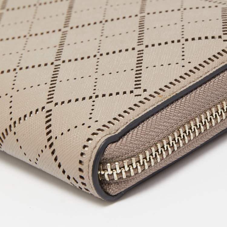 Pre Owned Tory Burch Beige Diamond Laser Cut Leather Zip Around Wallet
