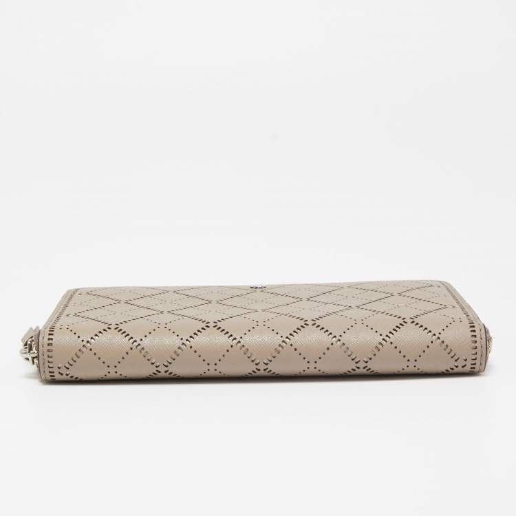 Pre Owned Tory Burch Beige Diamond Laser Cut Leather Zip Around Wallet