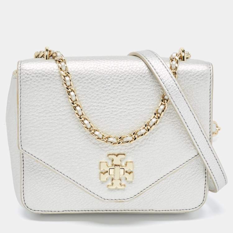 Pre Owned Tory Burch Silver Leather Mini Kira Crossbody Bag