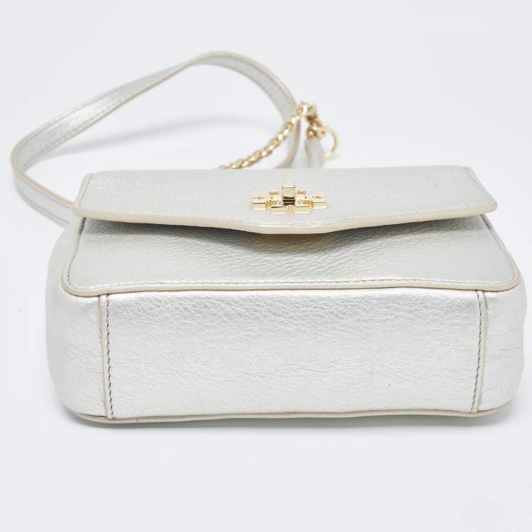 Pre Owned Tory Burch Silver Leather Mini Kira Crossbody Bag