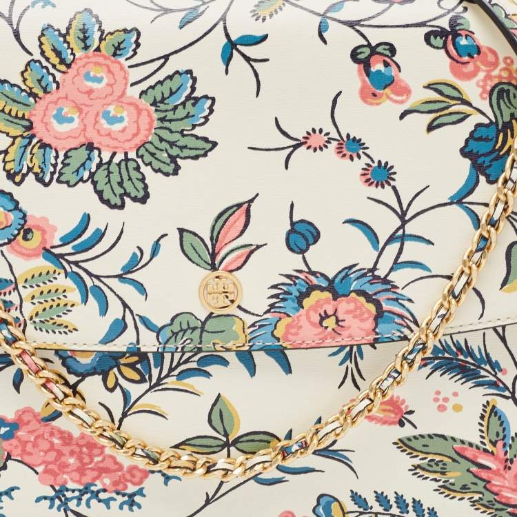 Pre Owned Tory Burch White Floral Print Leather Parker Chain Shoulder Bag