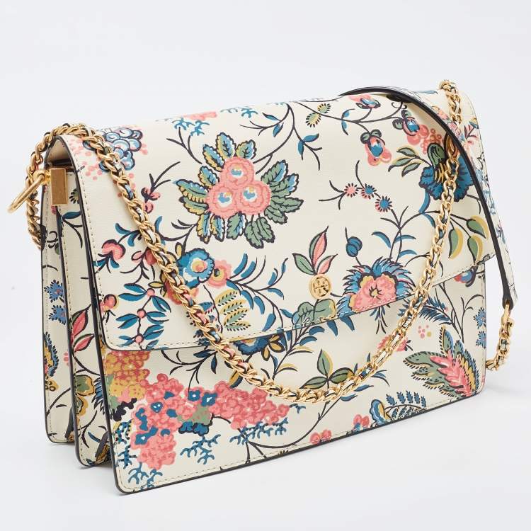 Pre Owned Tory Burch White Floral Print Leather Parker Chain Shoulder Bag