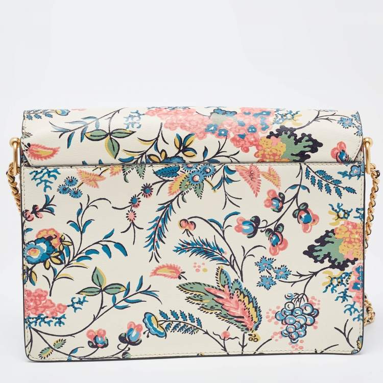 Pre Owned Tory Burch White Floral Print Leather Parker Chain Shoulder Bag