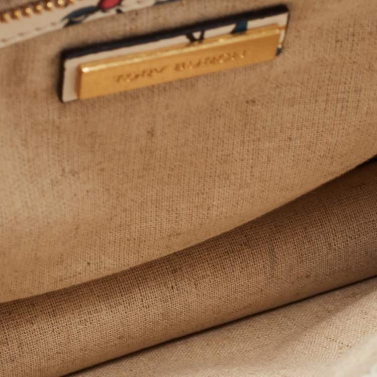 Pre Owned Tory Burch White Floral Print Leather Parker Chain Shoulder Bag