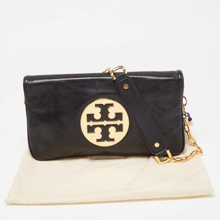 Pre Owned Tory Burch Black Glossy Leather Reva Chain Clutch