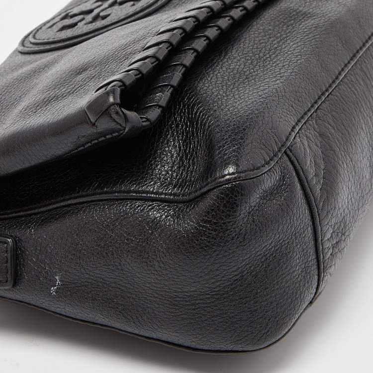 مملوكة مسبقًا Tory Burch Black Leather Whipstitch Fold Over Crossbody Bag