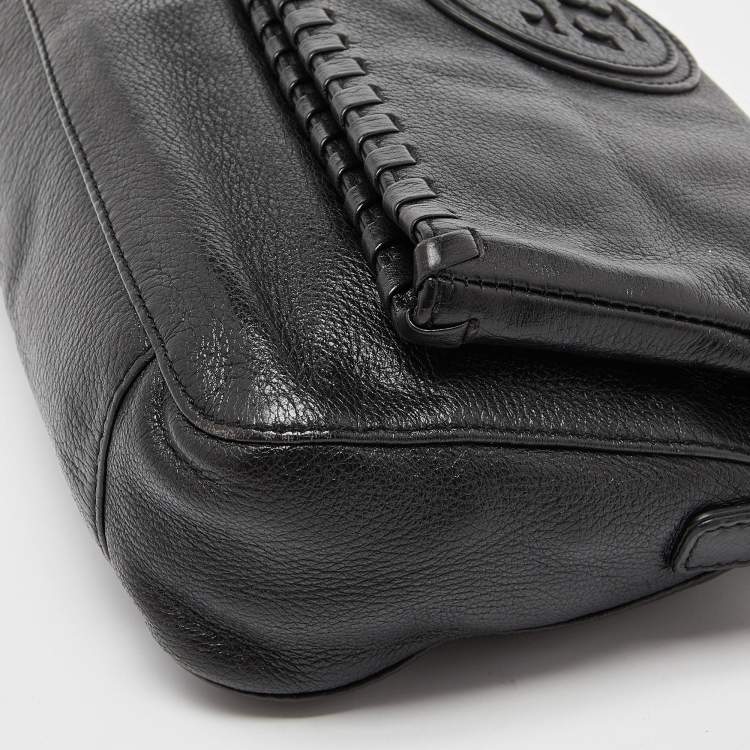 مملوكة مسبقًا Tory Burch Black Leather Whipstitch Fold Over Crossbody Bag