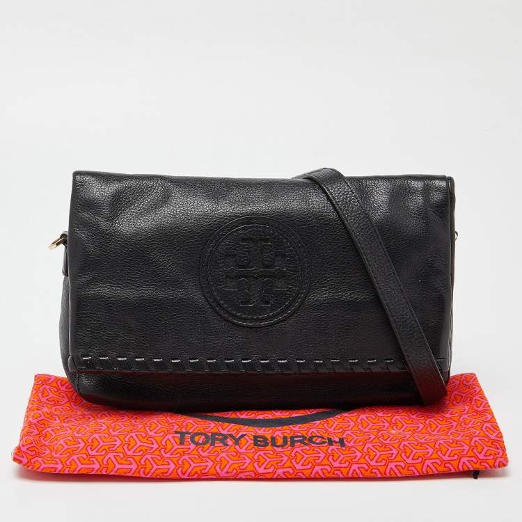 مملوكة مسبقًا Tory Burch Black Leather Whipstitch Fold Over Crossbody Bag