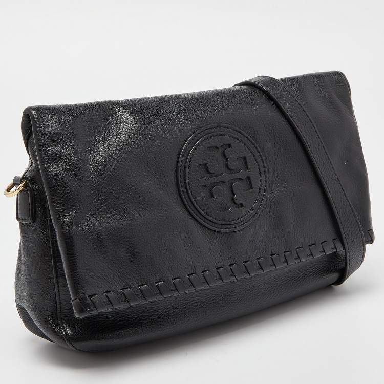 مملوكة مسبقًا Tory Burch Black Leather Whipstitch Fold Over Crossbody Bag