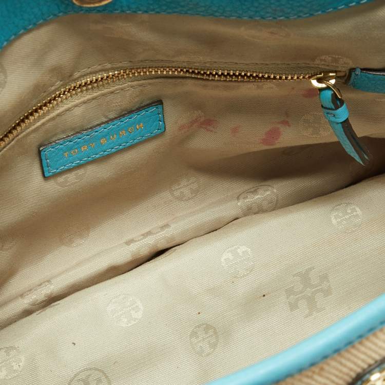 Pre Owned Tory Burch Beige/Blue Canvas and Leather Double Pocket Bag