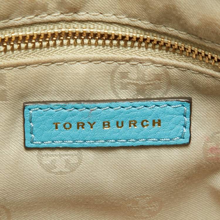 Pre Owned Tory Burch Beige/Blue Canvas and Leather Double Pocket Bag