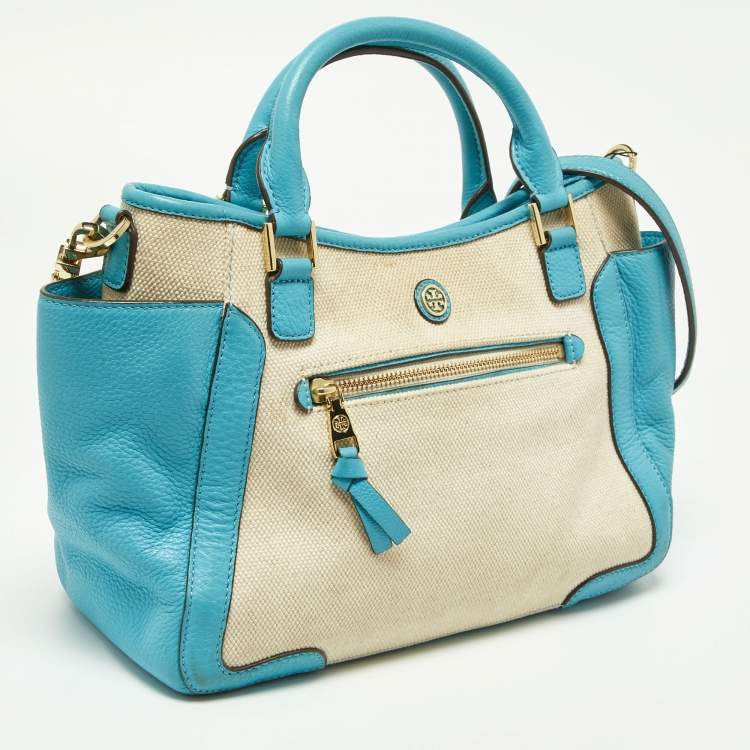 Pre Owned Tory Burch Beige/Blue Canvas and Leather Double Pocket Bag