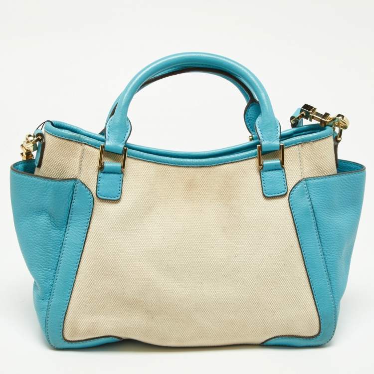 Pre Owned Tory Burch Beige/Blue Canvas and Leather Double Pocket Bag