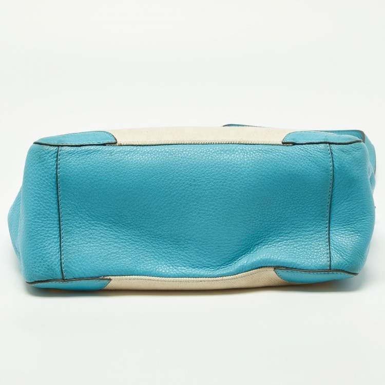 Pre Owned Tory Burch Beige/Blue Canvas and Leather Double Pocket Bag