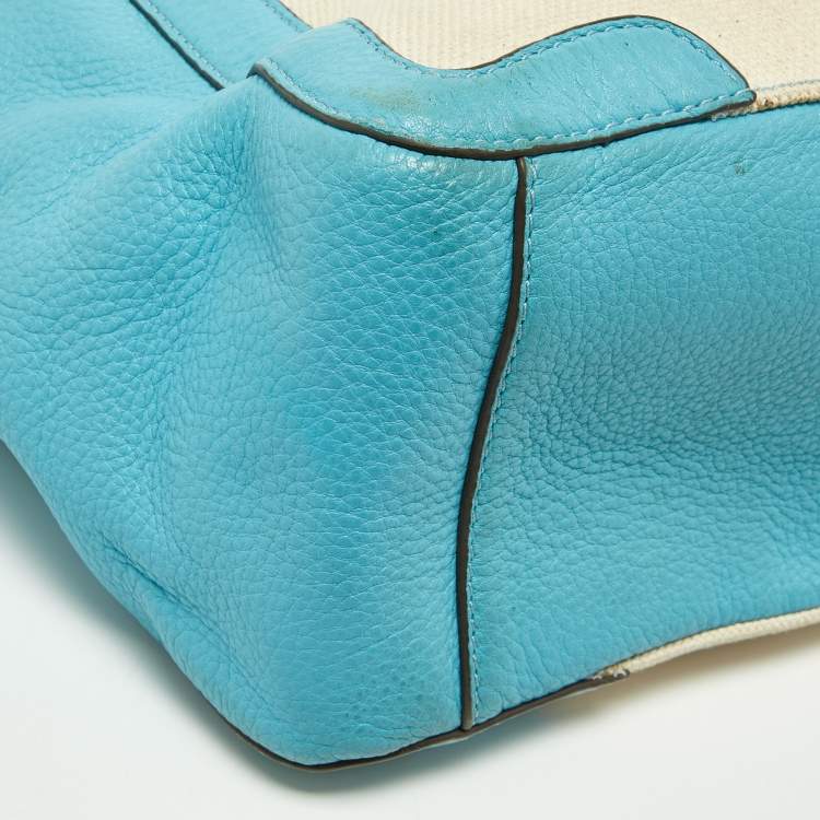 Pre Owned Tory Burch Beige/Blue Canvas and Leather Double Pocket Bag