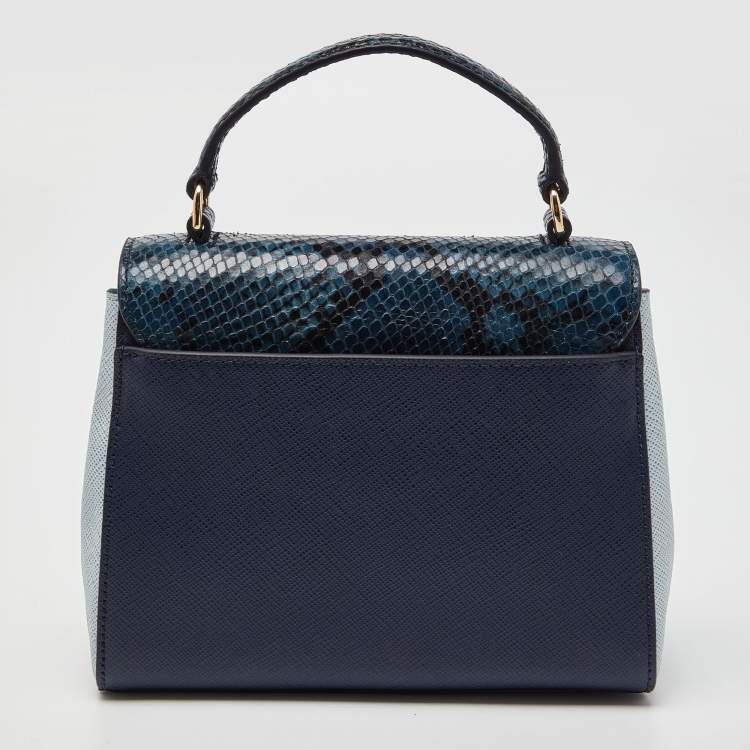 Pre Owned Tory Burch Blue Python Effect and Leather Robinson Flap Top Handle Bag
