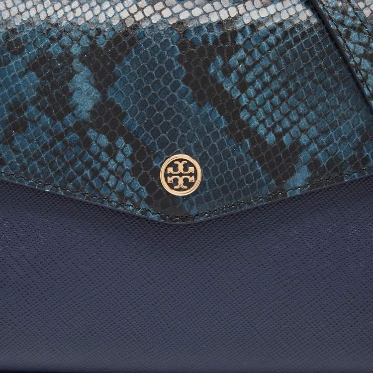 Pre Owned Tory Burch Blue Python Effect and Leather Robinson Flap Top Handle Bag