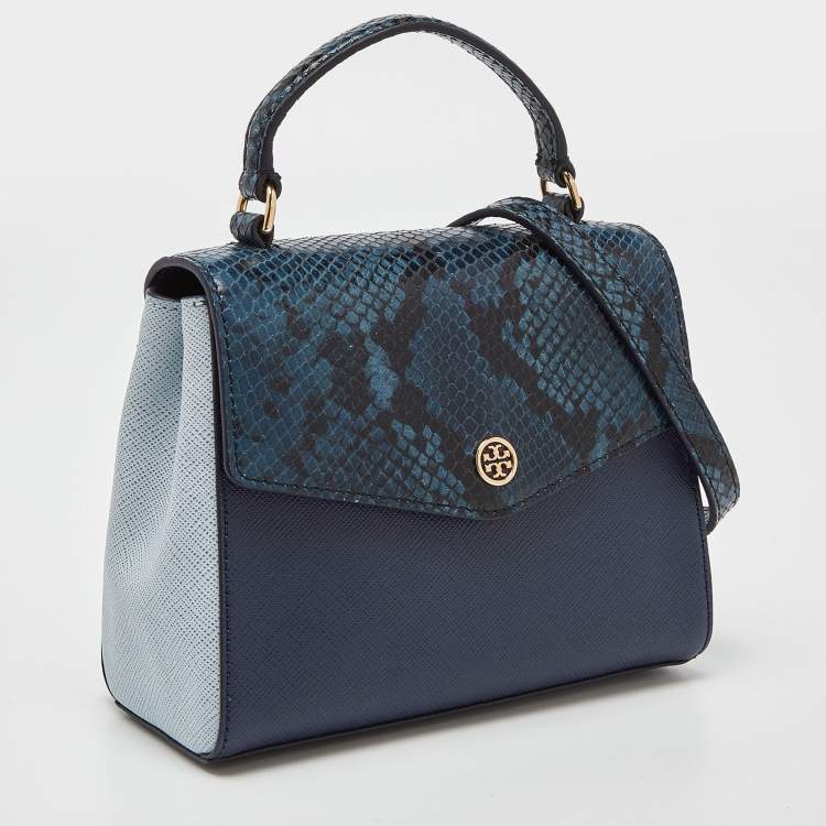 Pre Owned Tory Burch Blue Python Effect and Leather Robinson Flap Top Handle Bag