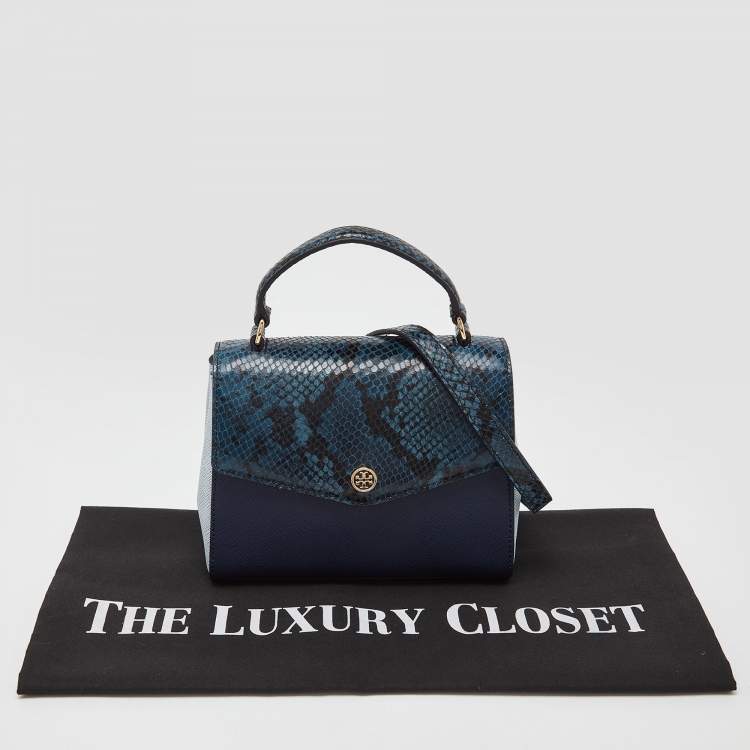 Pre Owned Tory Burch Blue Python Effect and Leather Robinson Flap Top Handle Bag